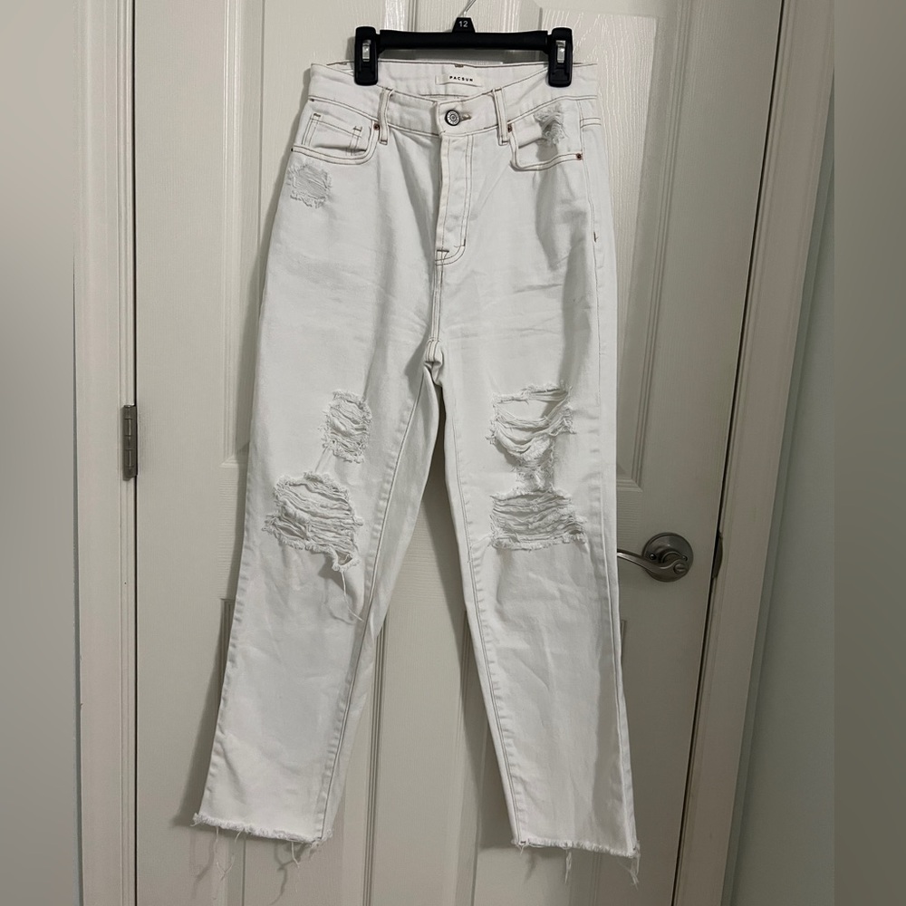 PacSun Raw Hem Distressed High Rise Straight White Jeans